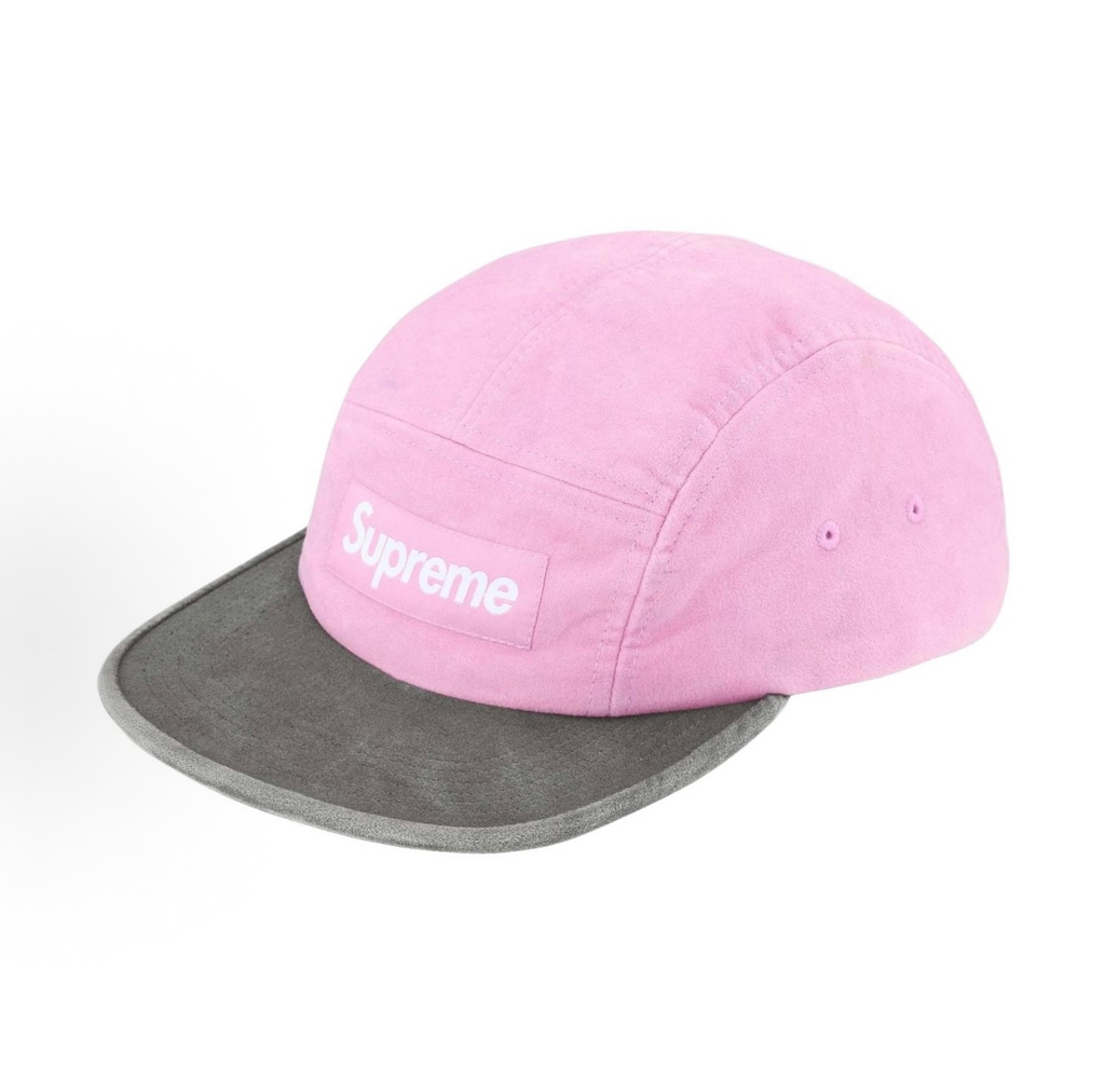 Supreme Suede Camp Cap, Pink & Grey 5 Panel Hat Box Logo Adjustable Strap