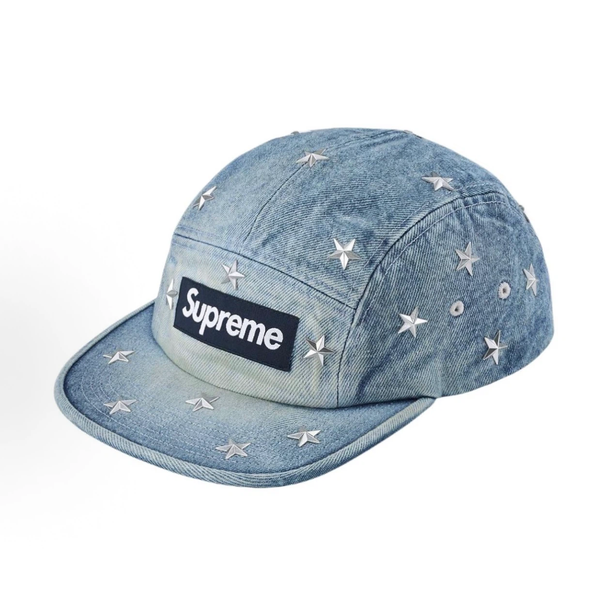 Star Studded Denim 5 Panel Camp Cap, Vintage Washed Jean Street Hat with Leather Strap