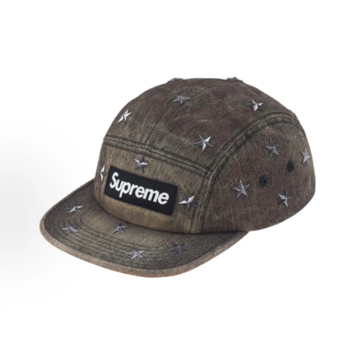 Star Studded Vintage Washed Denim 5 Panel Camp Cap, Brown Street Hat with Leather Strap