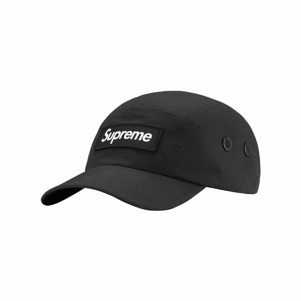 Ventile Fabric 5 Panel Camp Cap, Black Water-Resistant Street Hat Adjustable Strap