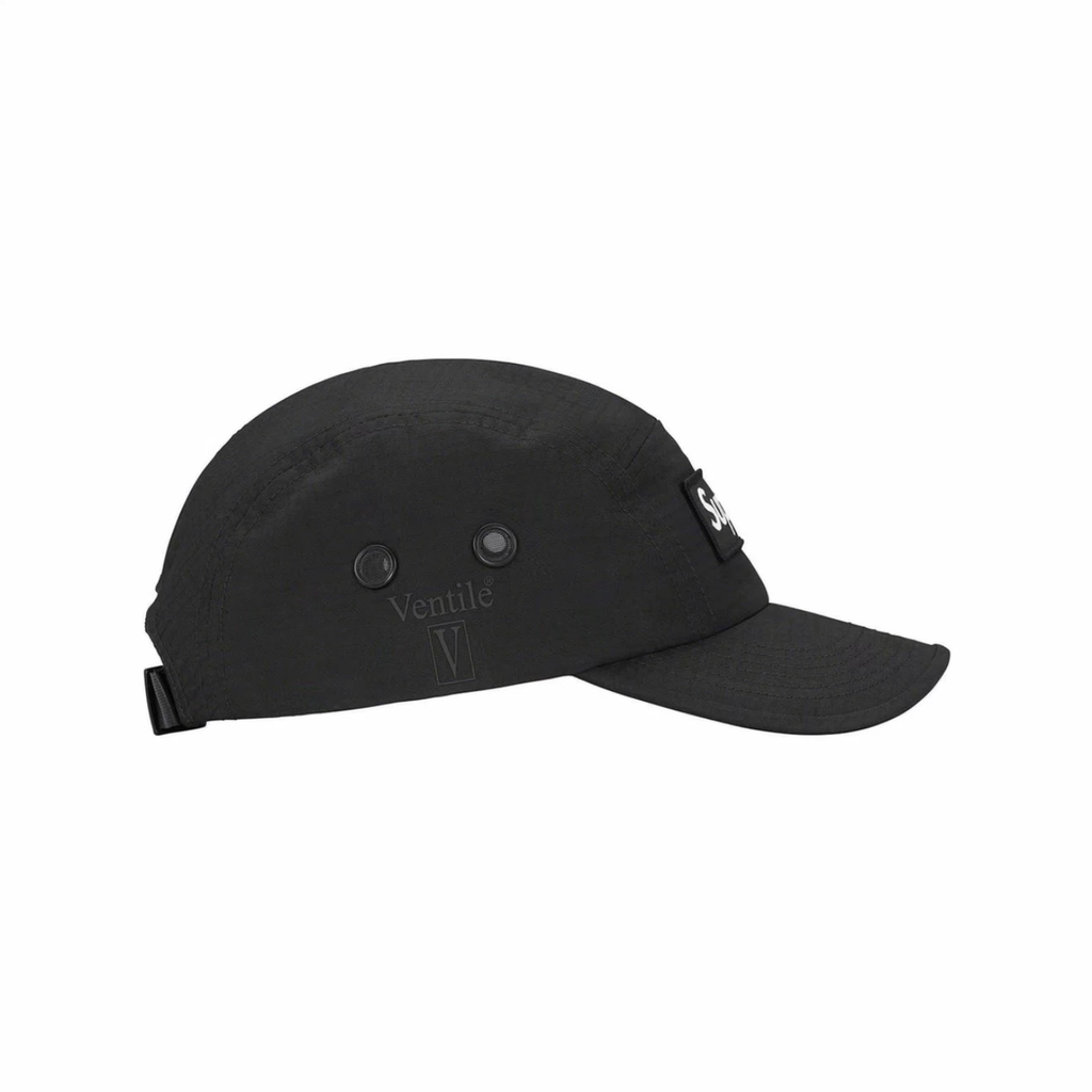 Ventile Fabric 5 Panel Camp Cap, Black Water-Resistant Street Hat Adjustable Strap