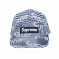 Denim Jacquard 5 Panel Camp Cap, Blue Stripe Logo Street Hat Adjustable Strap