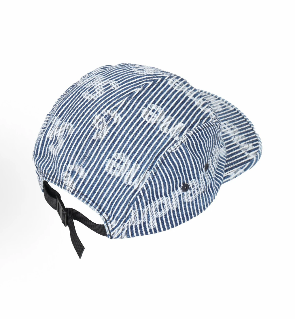 Denim Jacquard 5 Panel Camp Cap, Blue Stripe Logo Street Hat Adjustable Strap
