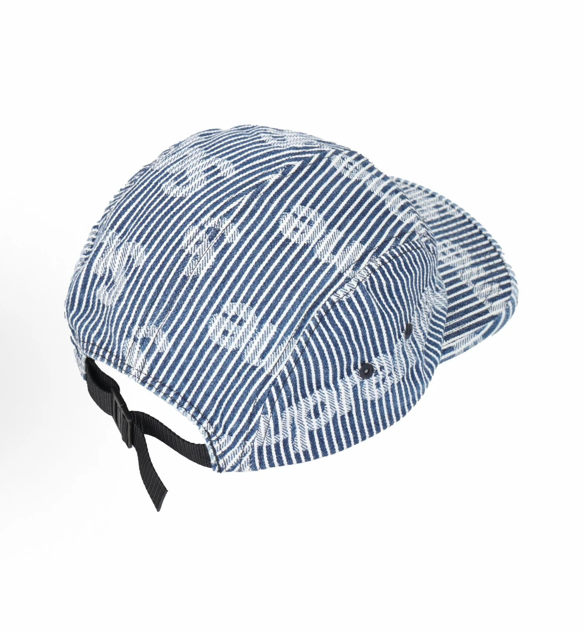 Denim Jacquard 5 Panel Camp Cap, Blue Stripe Logo Street Hat Adjustable Strap