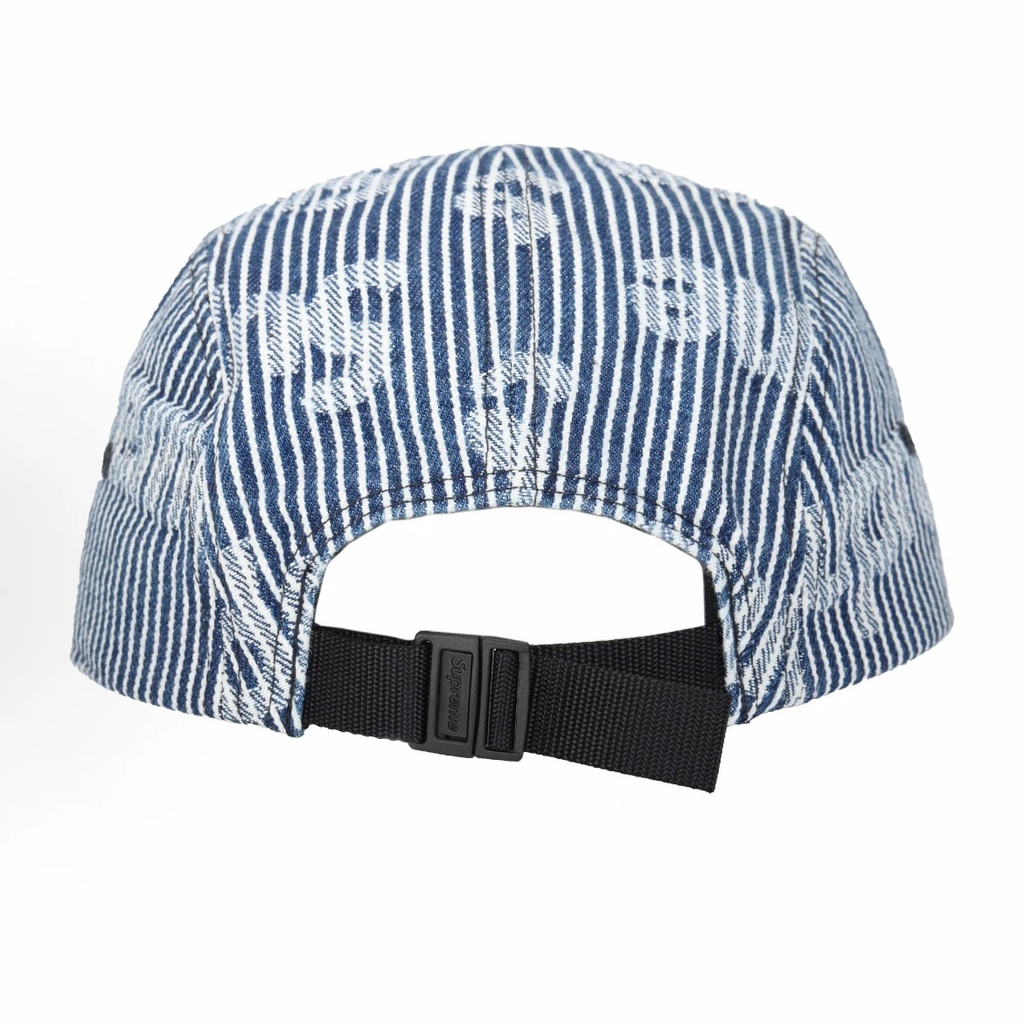 Denim Jacquard 5 Panel Camp Cap, Blue Stripe Logo Street Hat Adjustable Strap