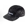 Leopard Print 5 Panel Camp Cap, Black Grey Velvet Street Hat Adjustable Strap
